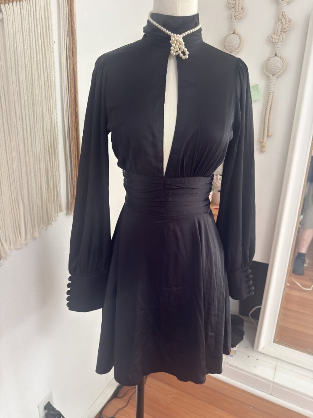 Nasty Gal Black Satin Keyhole Open Back Mini Dress Long Sleeve Ruched US 0